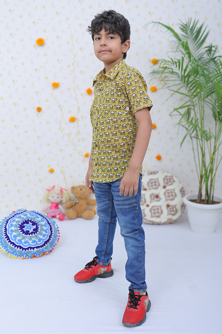 Cotton Brown Camel Print Boy's Shirt