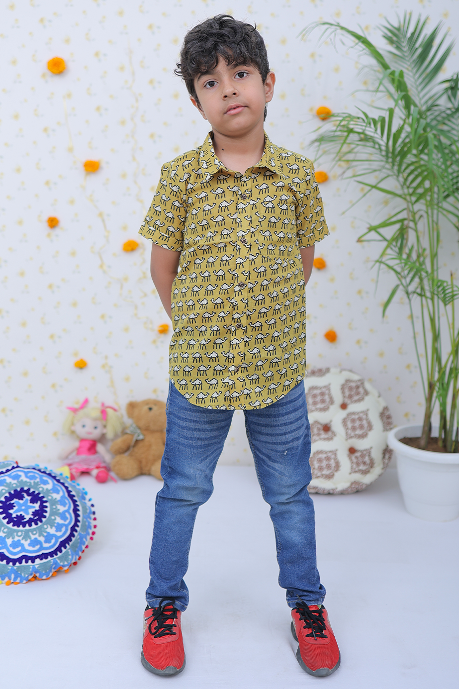 Cotton Brown Camel Print Boy's Shirt