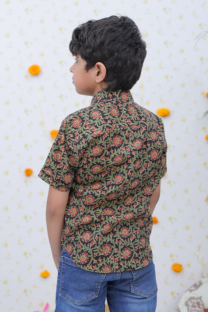 Cotton Black-Green Floral Print Boy's Shirt