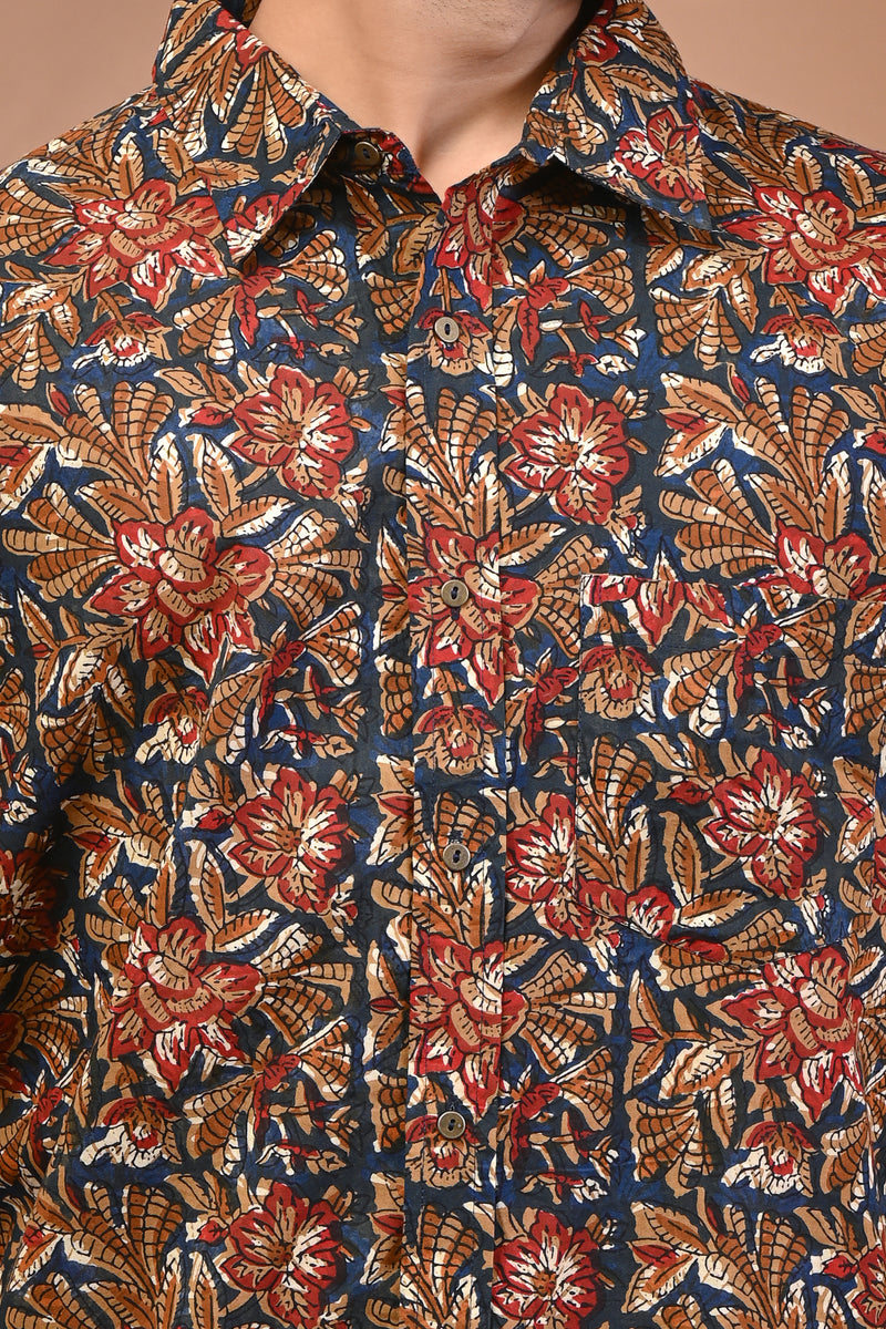 Cotton Comfort Fit Red Brown Garden Block Print Half Sleeves Men's Shirt
