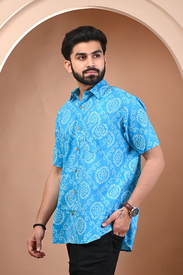 Cotton Comfort Fit Blue White Bandhni Half Sleeves Mens Shirt