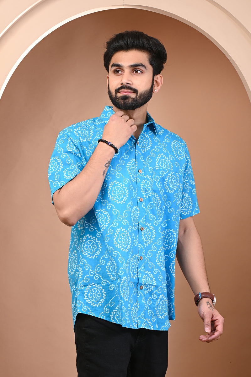 Cotton Comfort Fit Blue White Bandhni Half Sleeves Men's Shirt