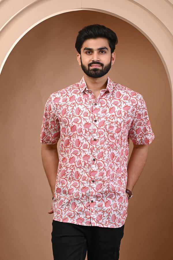 Cotton Comfort Fit White Floral Print Half Sleeves Mens Shirt