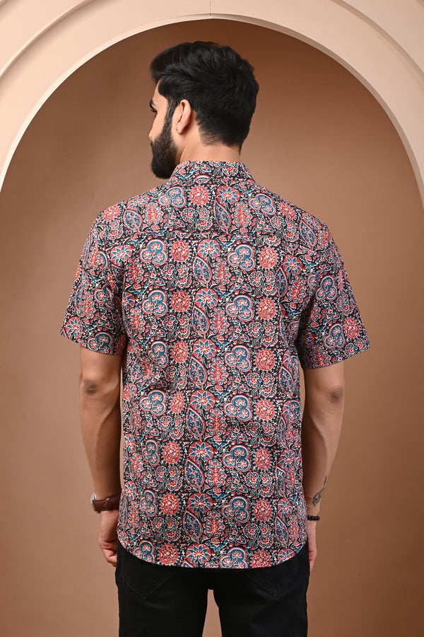Cotton Red Stone Floral Mens Half Sleeves Shirt