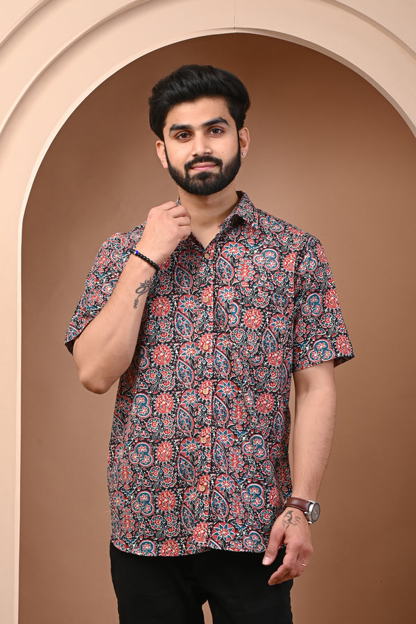 Cotton Red Stone Floral Mens Half Sleeves Shirt