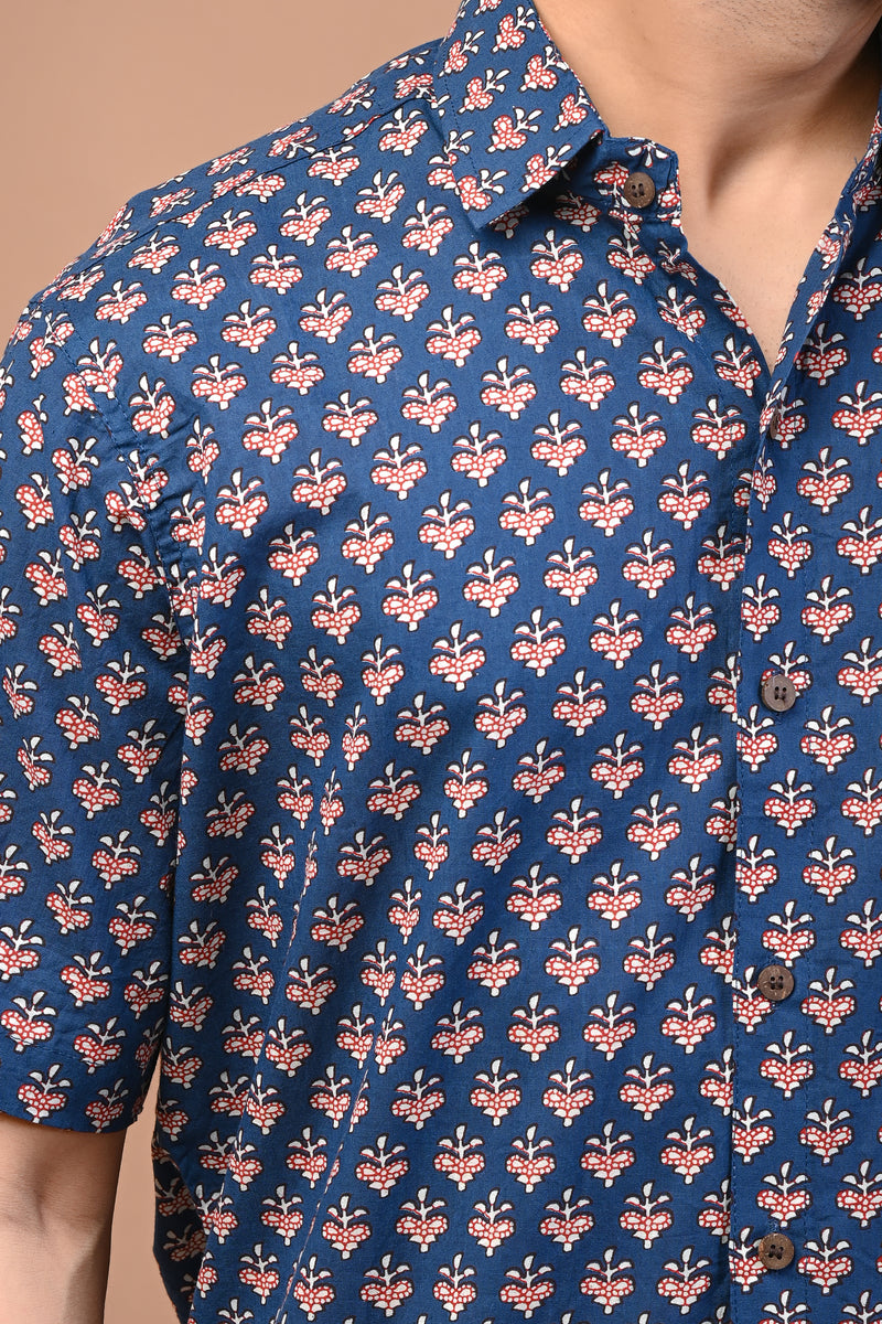 Cotton Comfort Fit Blue Floral Print Half Sleeves Men's Shirt