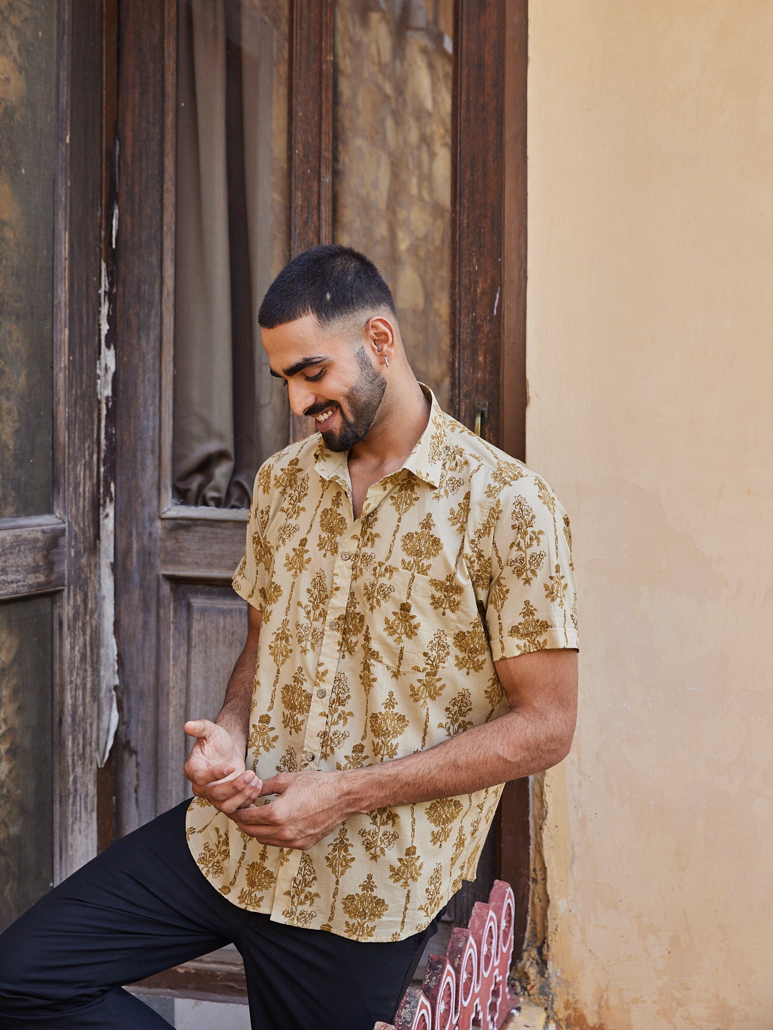 Cotton Brown Floral Men's Half Sleeves Shirt
