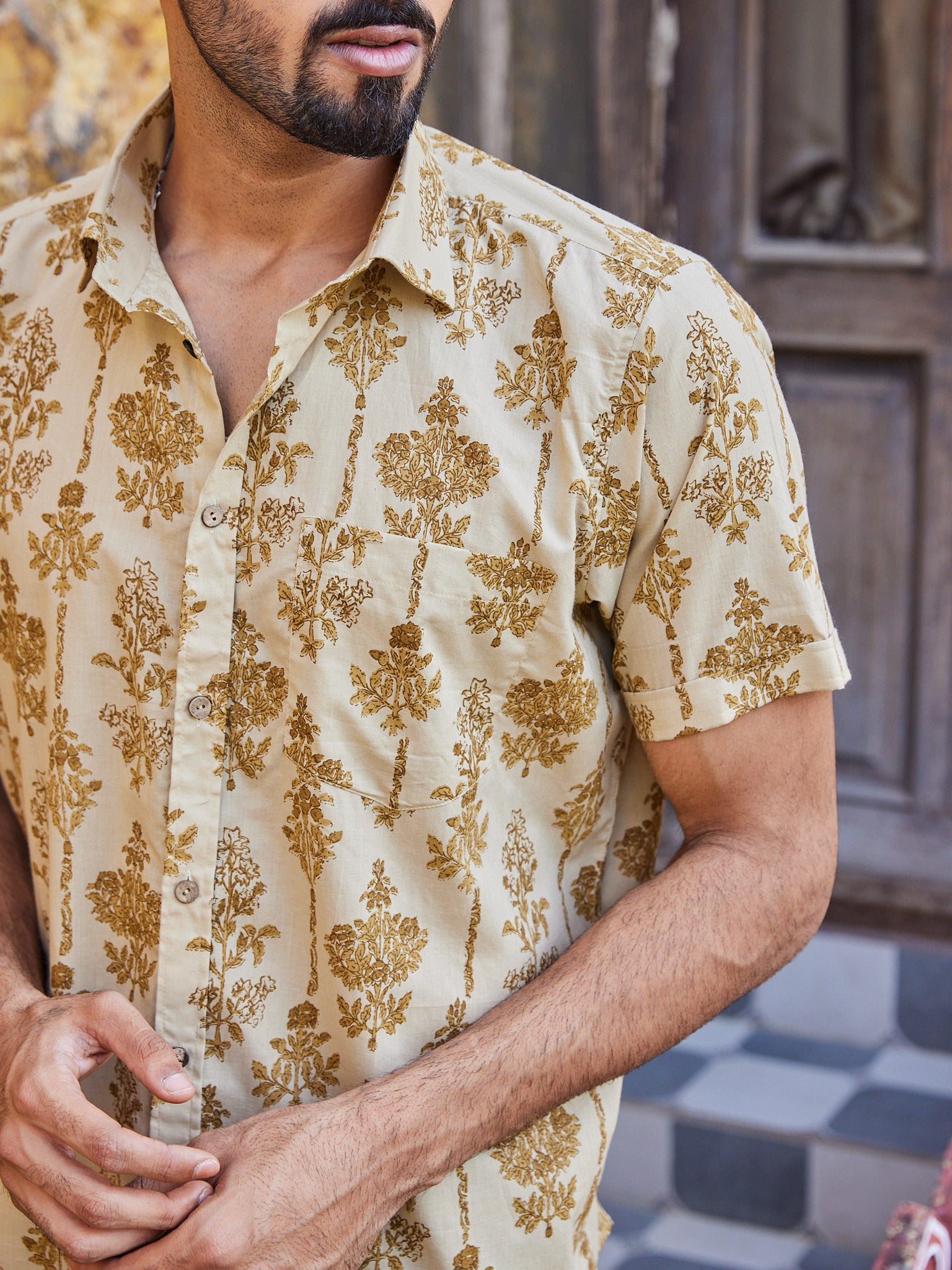 Cotton Brown Floral Men's Half Sleeves Shirt