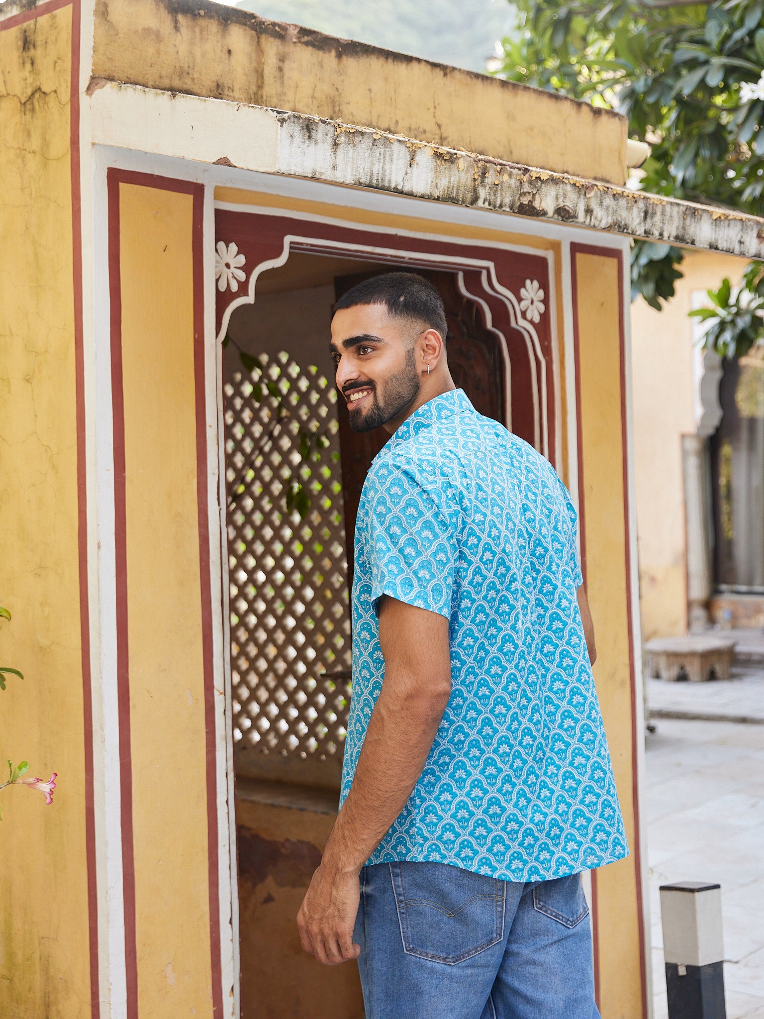 Cotton Men's Half Sleeves Shirt Light Blue-White Floral