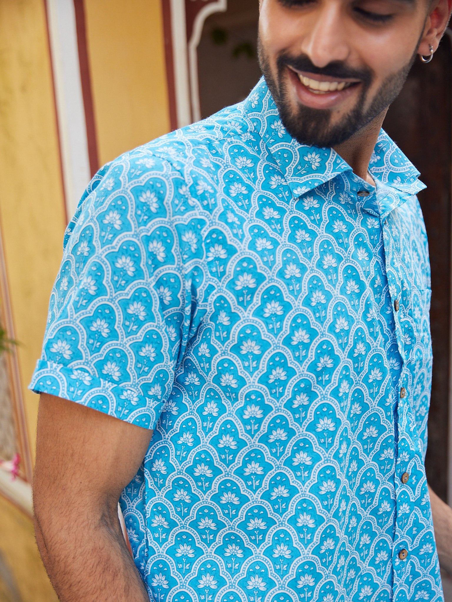 Cotton Men's Half Sleeves Shirt Light Blue-White Floral