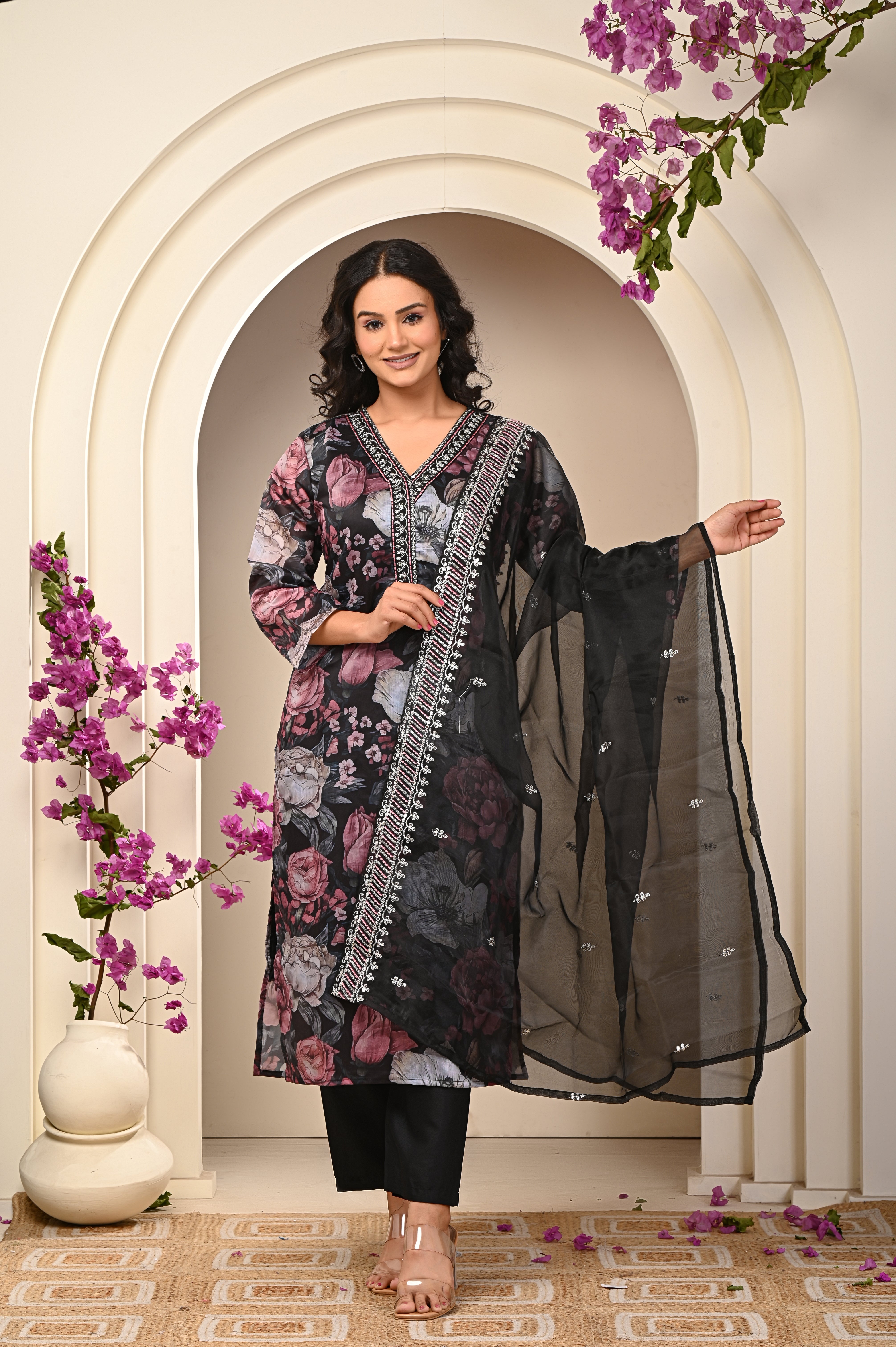 Organza Black-Pink Floral Women's Suit Set