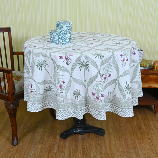 Cotton Round Table Cover Cherry Blossoms Block Print