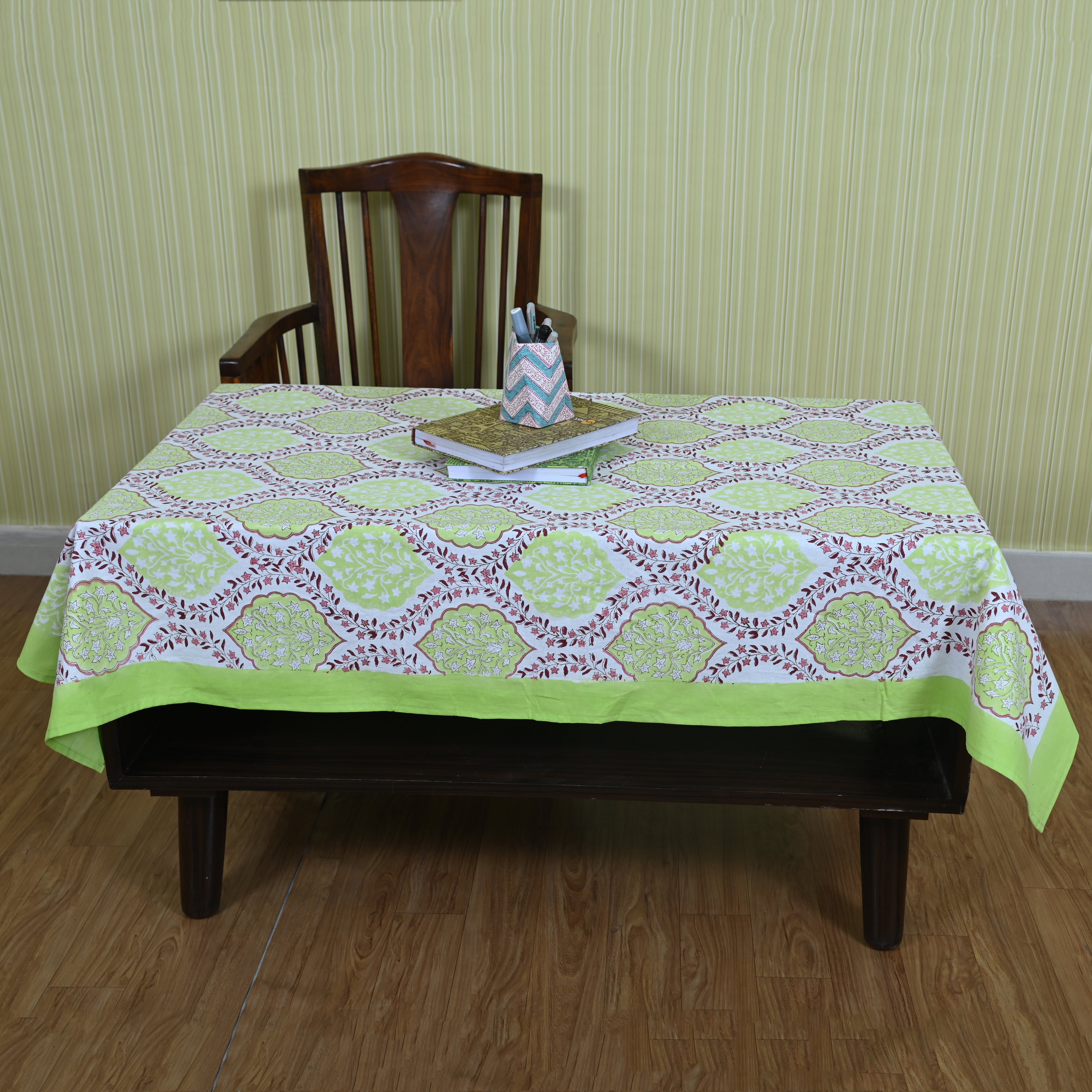 Cotton Table Cover Floral Ogee Block Print