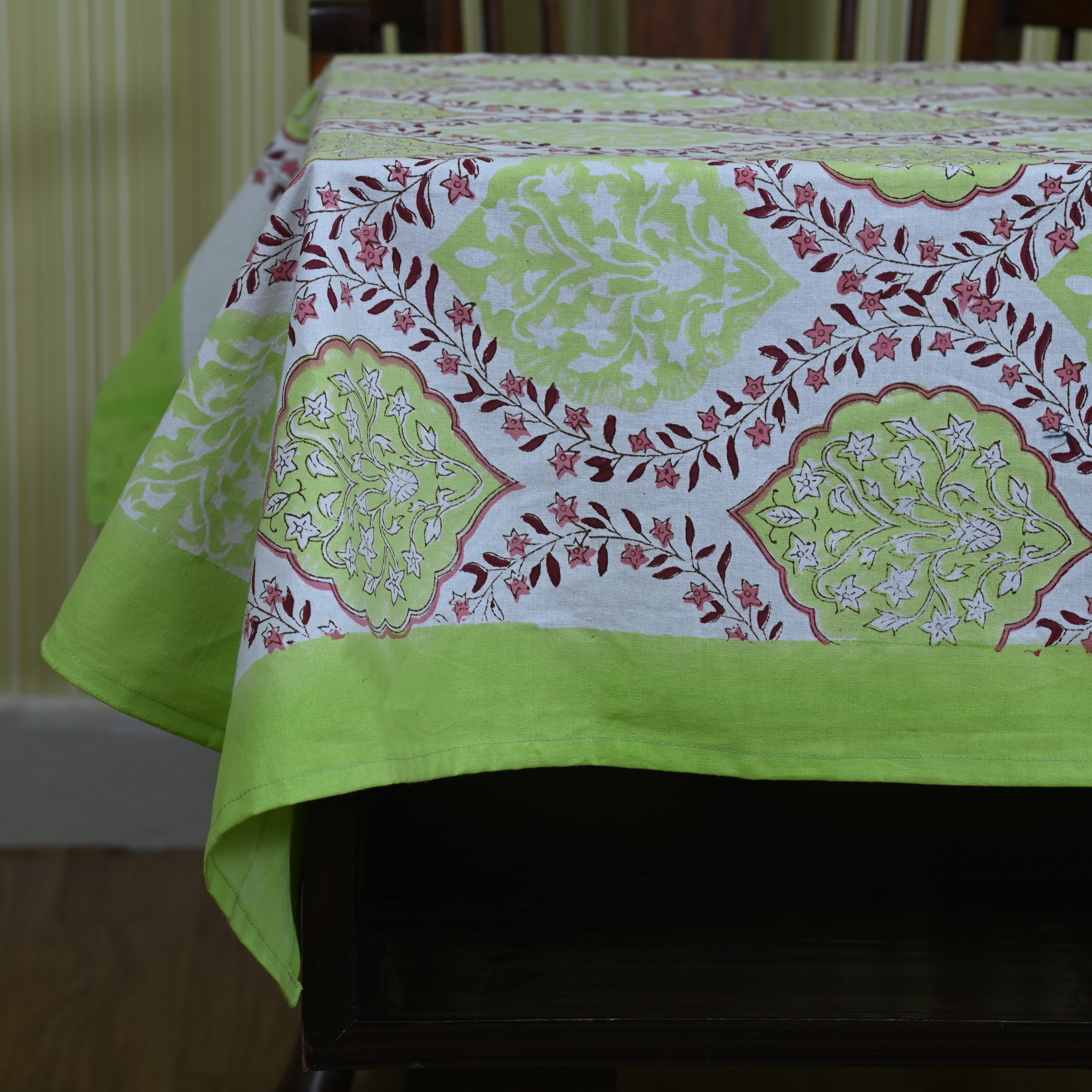 Cotton Table Cover Floral Ogee Block Print