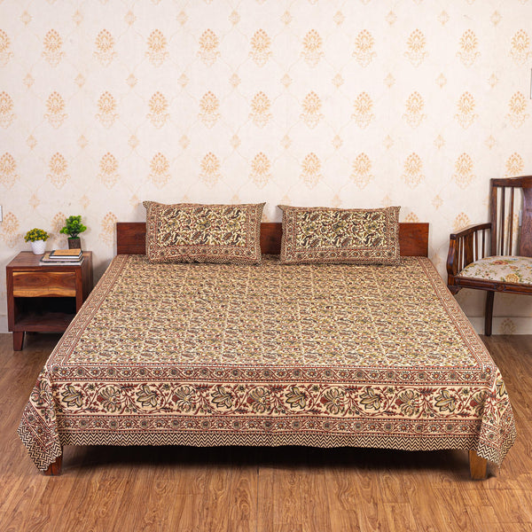 Cotton Queen Size Bedsheet -  Mustard and Grey Floral Jaal