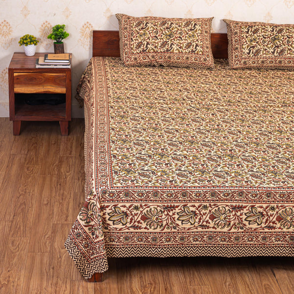 Cotton Queen Size Bedsheet -  Mustard and Grey Floral Jaal