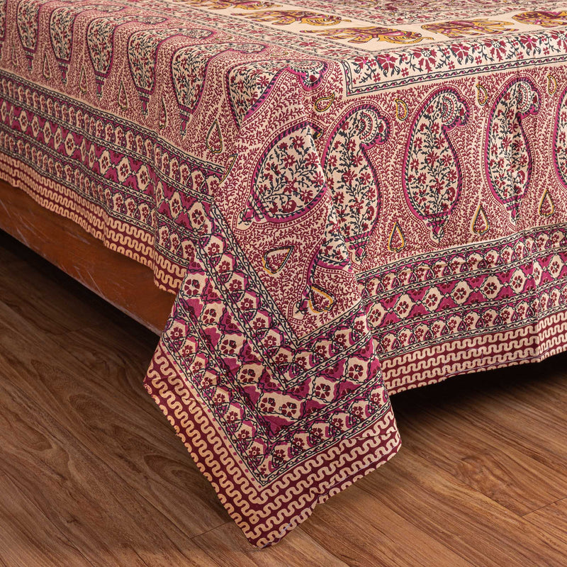 Cotton Queen Size Bedsheet - Red Paisley Jaal