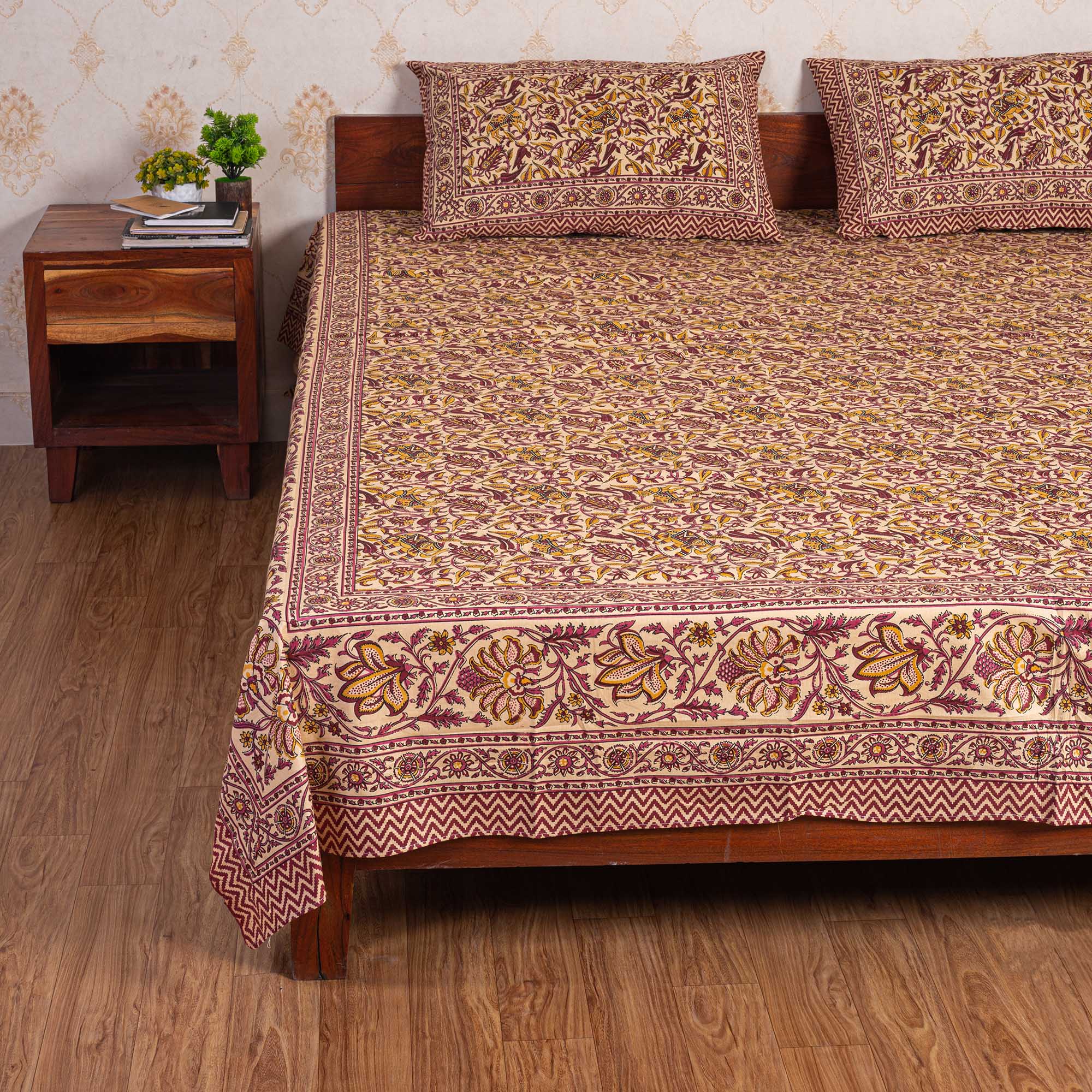 Cotton Queen Size Bedsheet - Magenta Floral Jaal