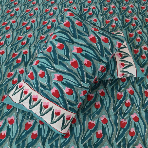 Cotton King Size Bedsheet Sea Green Red Tulip Block Print