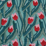 Cotton King Size Bedsheet Sea Green Red Tulip Block Print