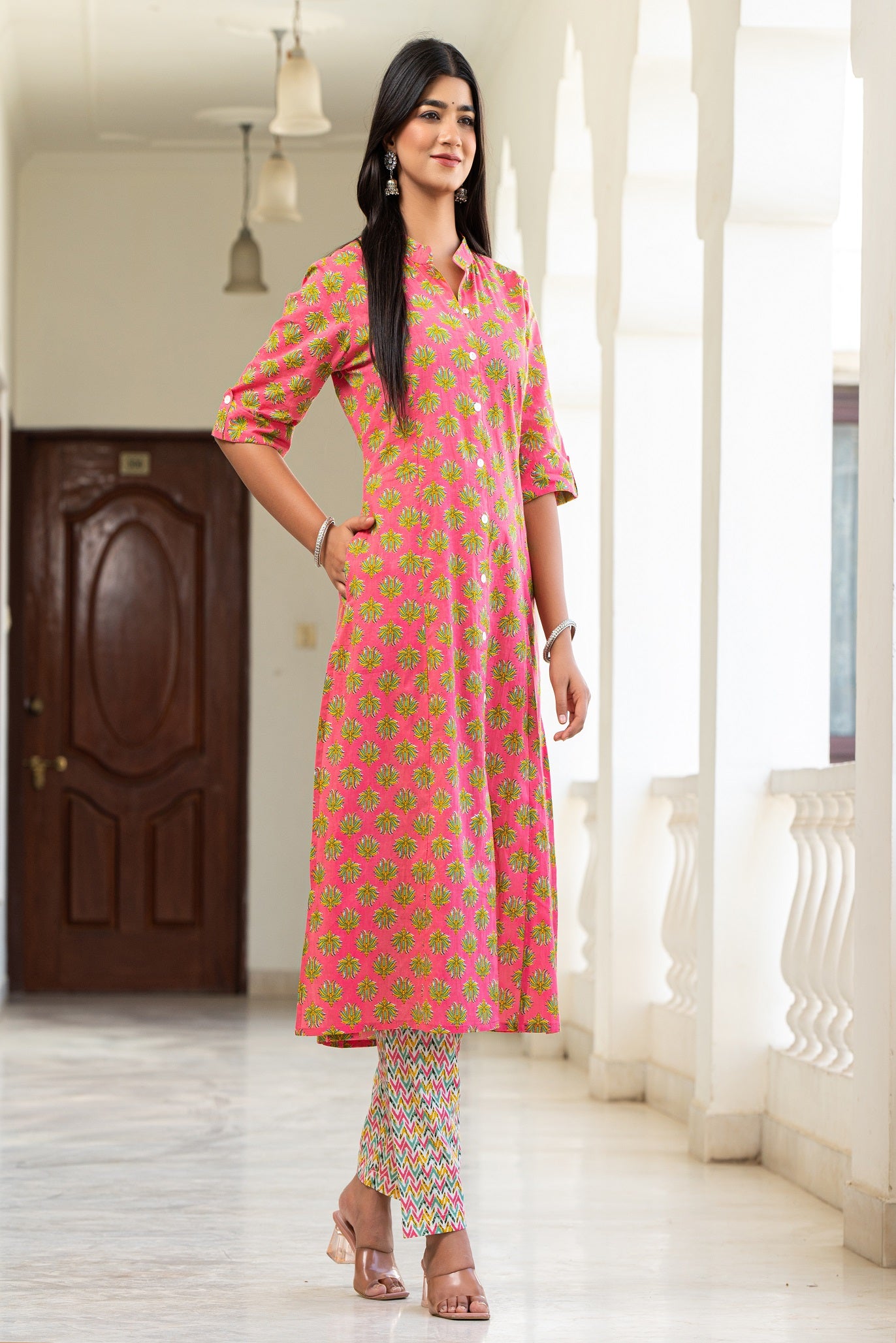 Cotton Pink  Floral Print Kurta With Multi Color Zigzag Line Trouser