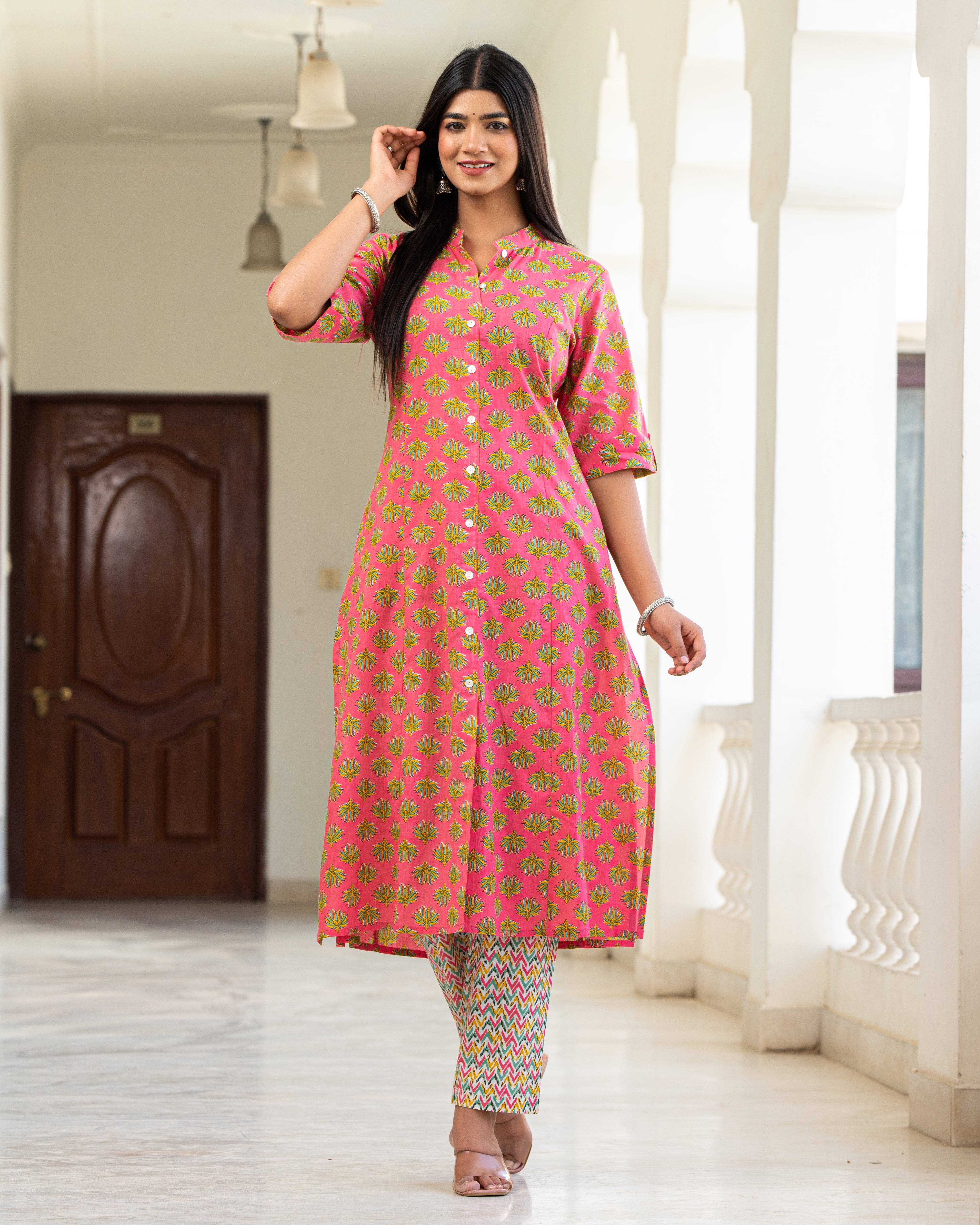 Cotton Pink  Floral Print Kurta With Multi Color Zigzag Line Trouser