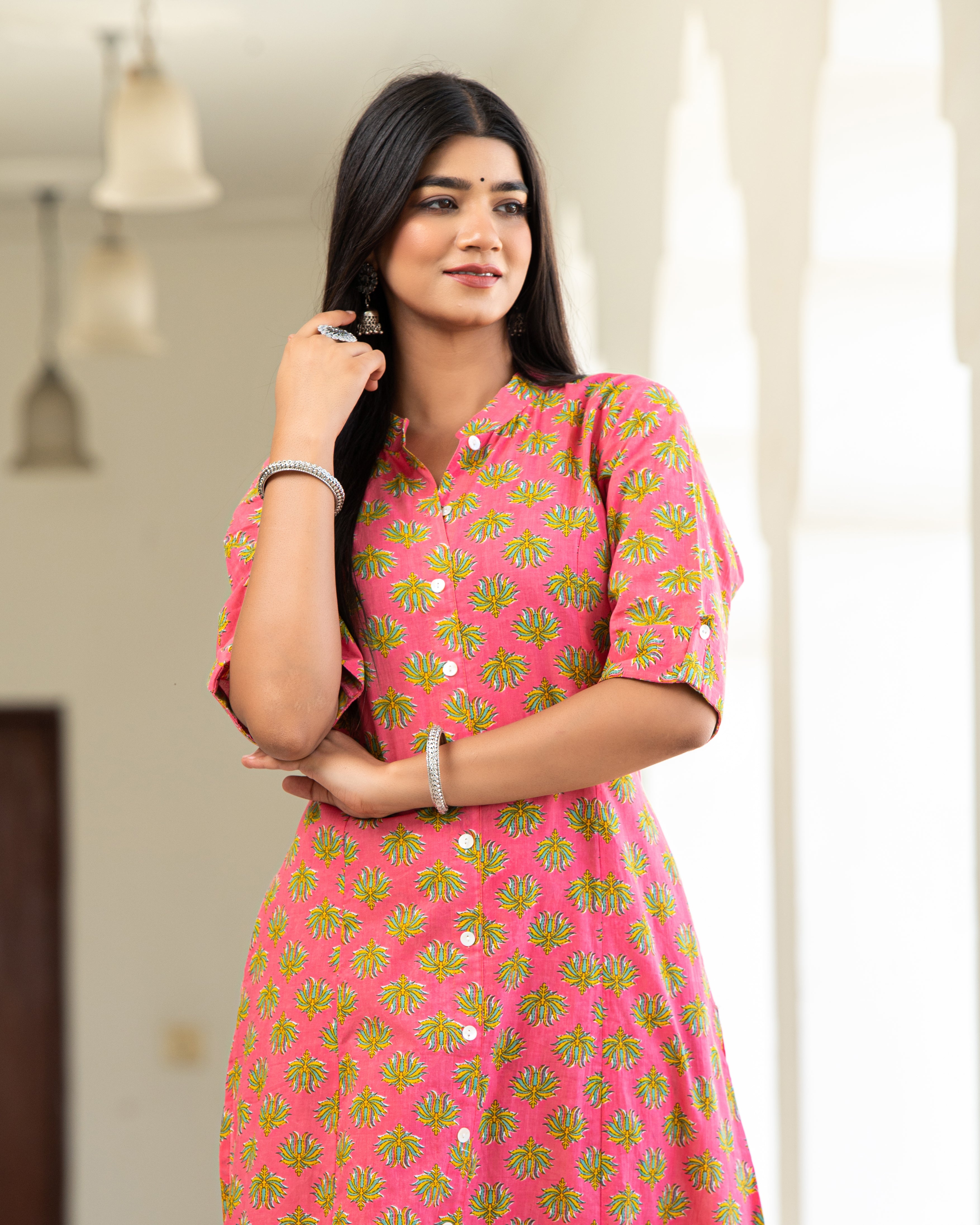 Cotton Pink  Floral Print Kurta With Multi Color Zigzag Line Trouser
