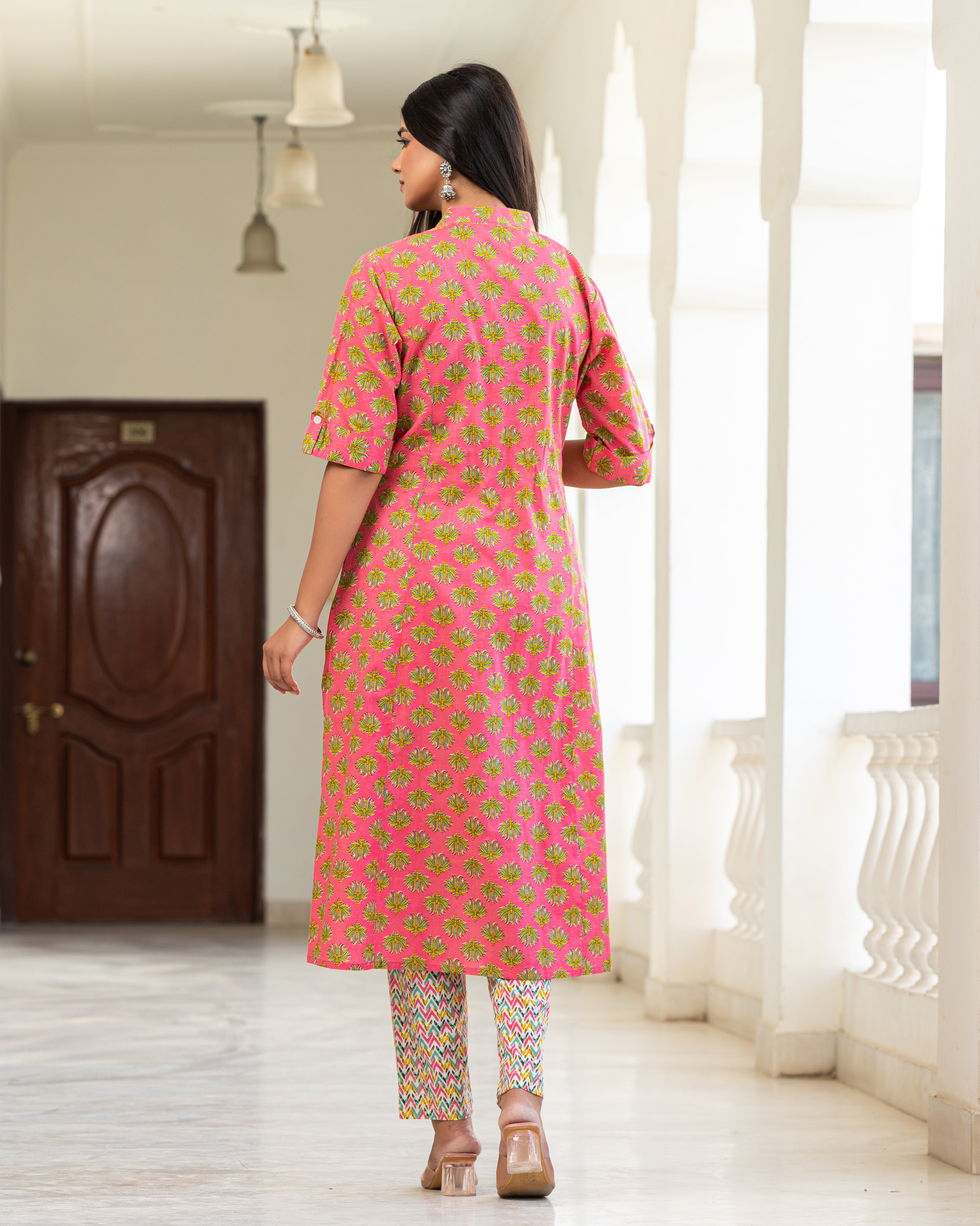 Cotton Pink  Floral  Long Kurti
