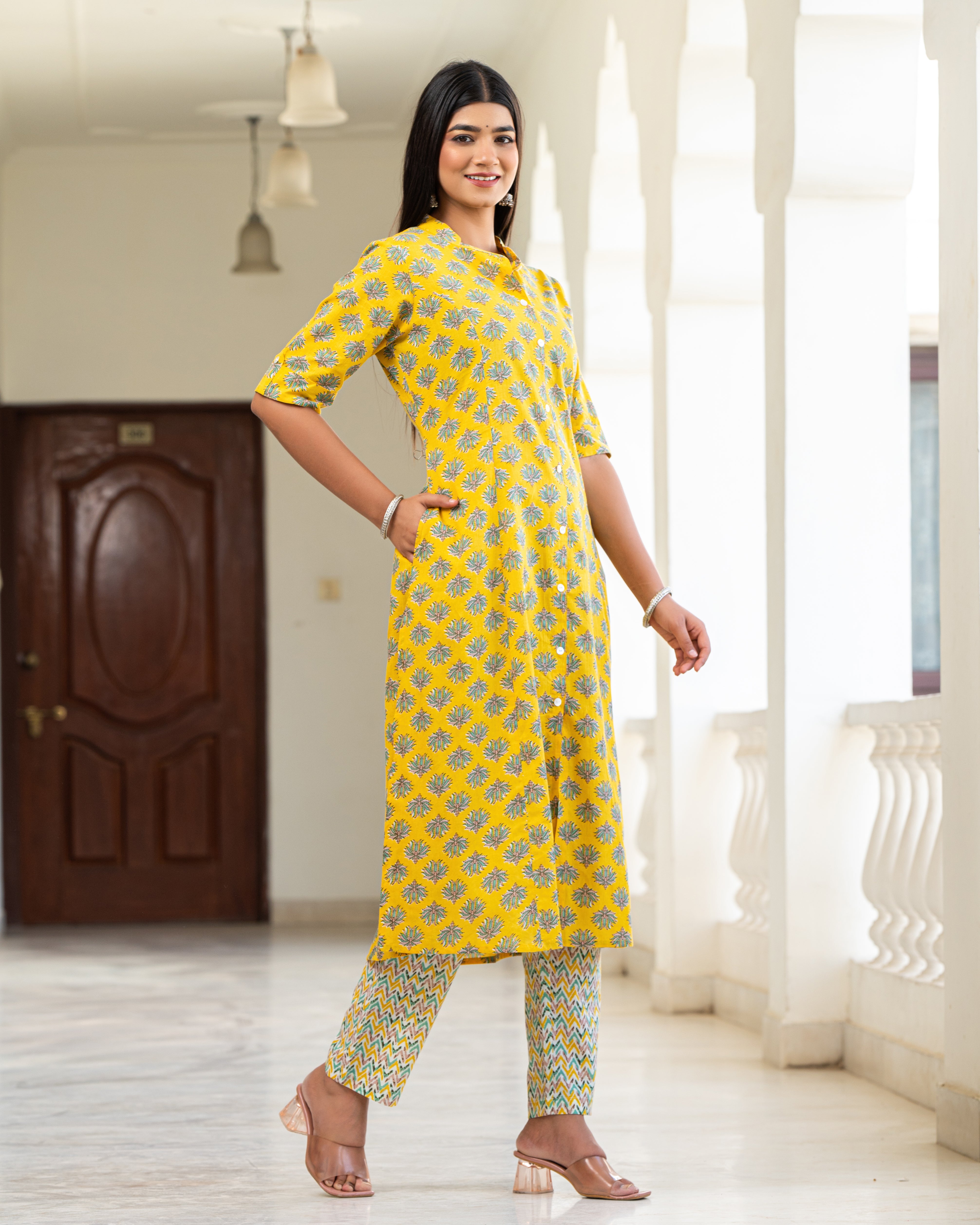 Cotton Yellow Floral Long Kurti