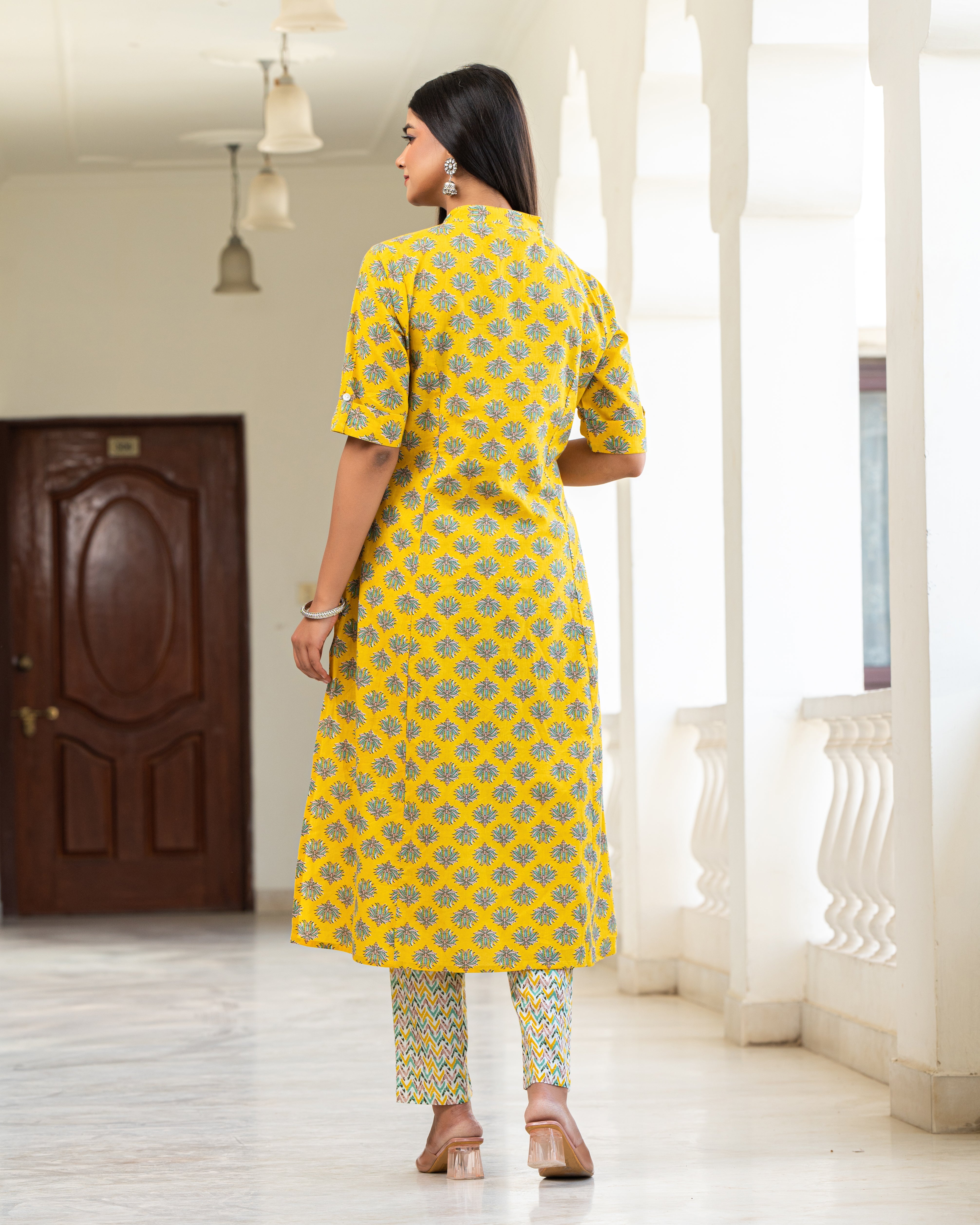 Cotton Yellow Floral Print Kurta With Multi Color Zigzag Line Trouser