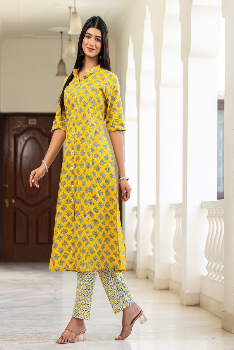 Cotton Yellow Floral Print Kurta With Multi Color Zigzag Line Trouser