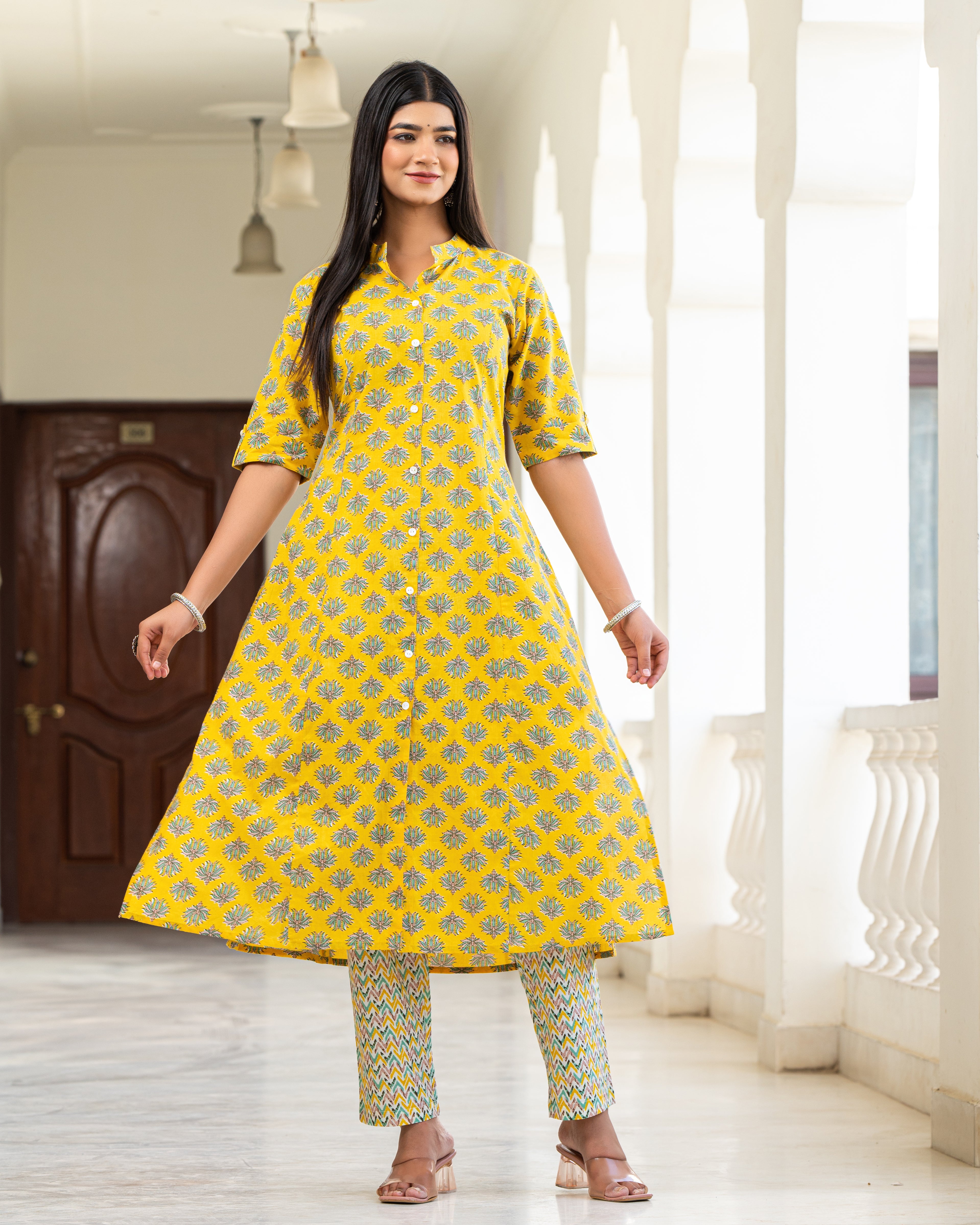 Cotton Yellow Floral Long Kurti