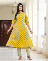 Cotton Yellow Floral Print Kurta With Multi Color Zigzag Line Trouser