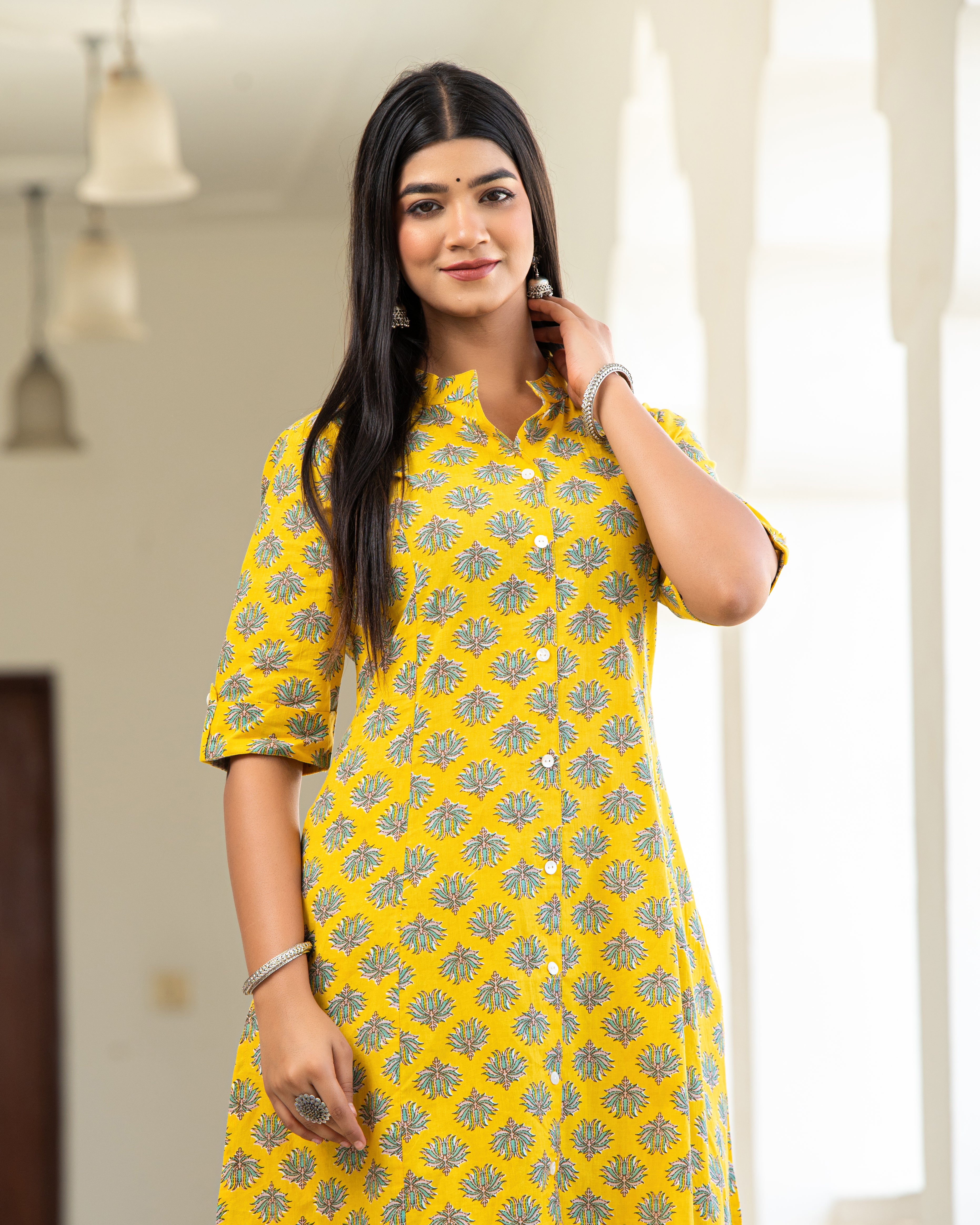 Cotton Yellow Floral Print Kurta With Multi Color Zigzag Line Trouser