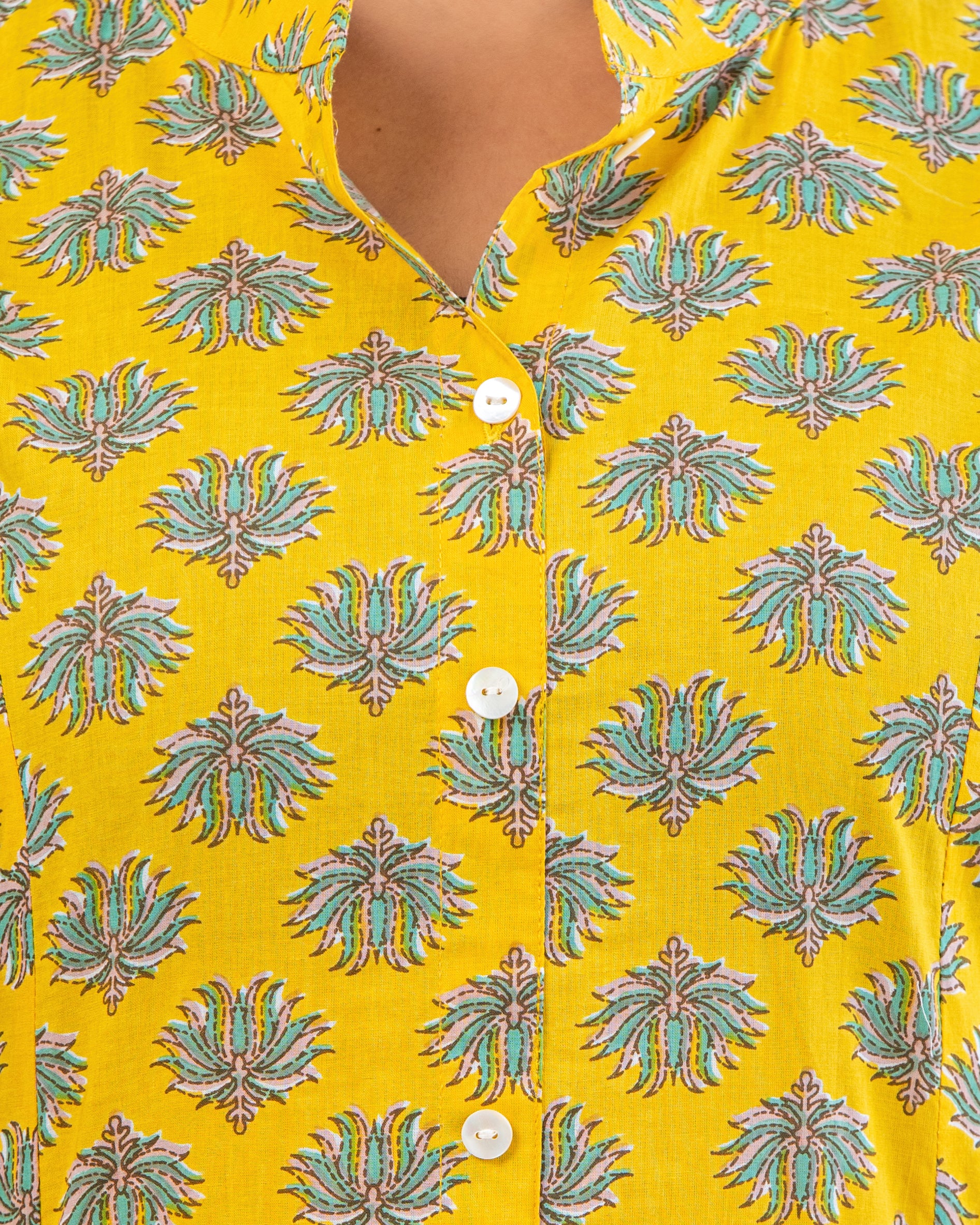 Cotton Yellow Floral Print Kurta With Multi Color Zigzag Line Trouser