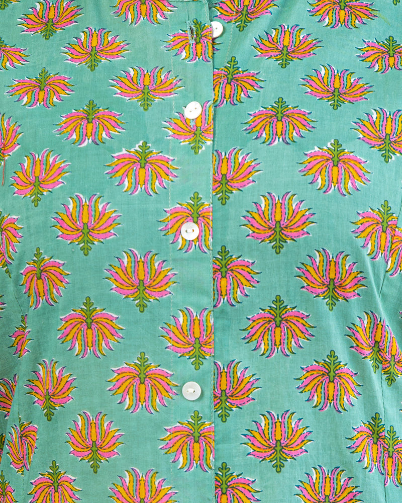Cotton Celadon-Green  Floral Print Kurta With Multi Color Zigzag Line Trouser