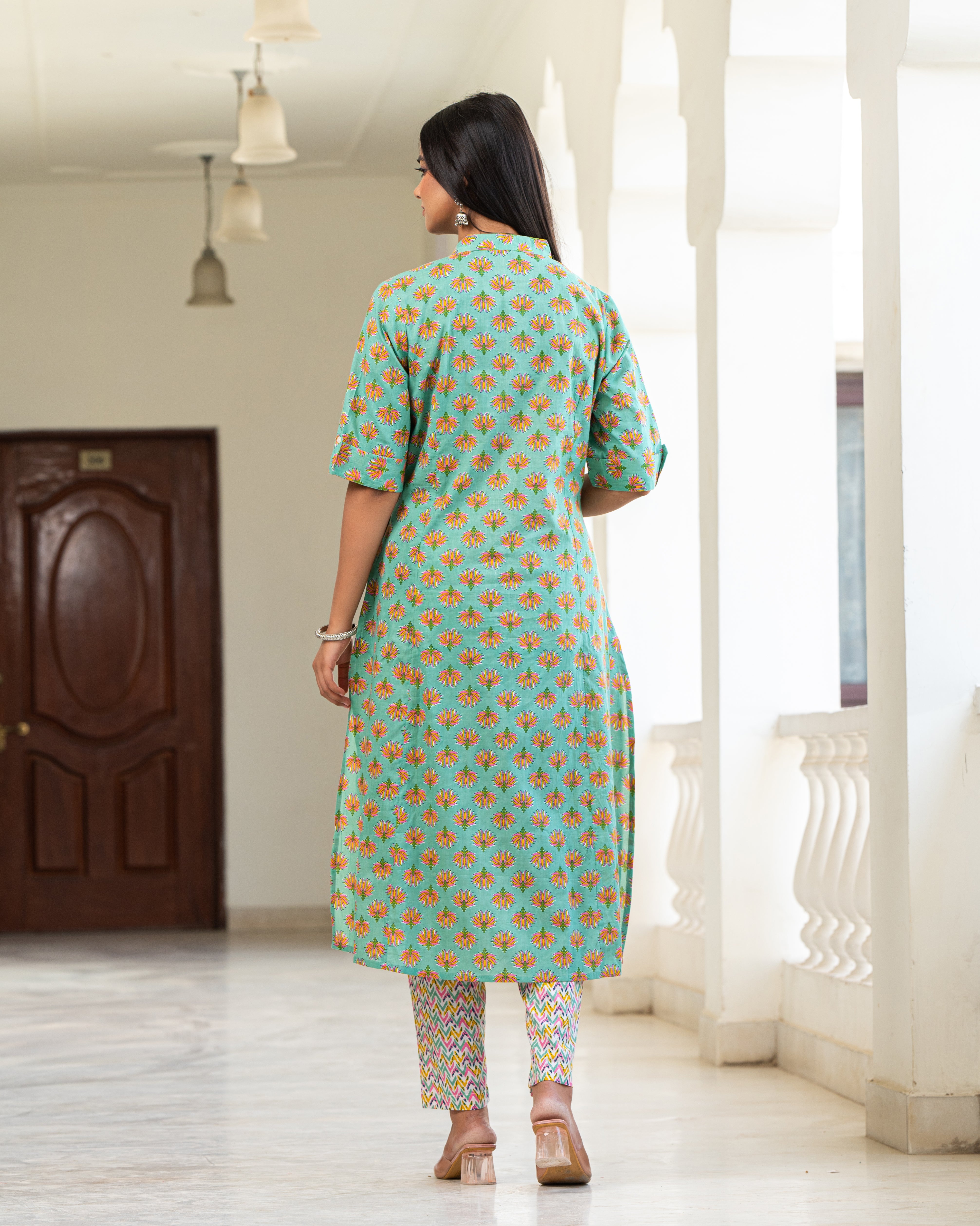 Cotton Celadon-Green  Floral Print Long Kurti