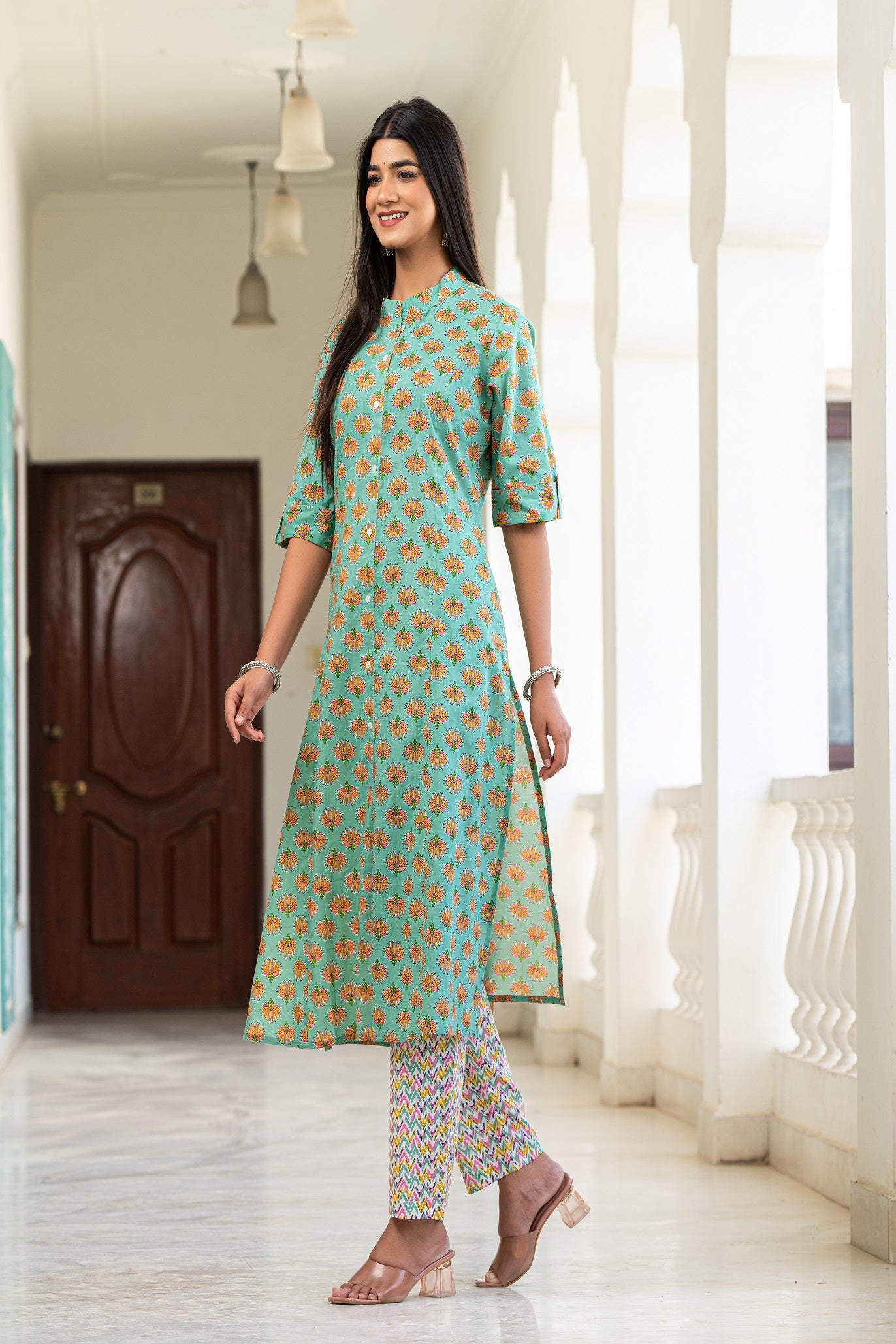 Cotton Celadon-Green  Floral Print Kurta With Multi Color Zigzag Line Trouser