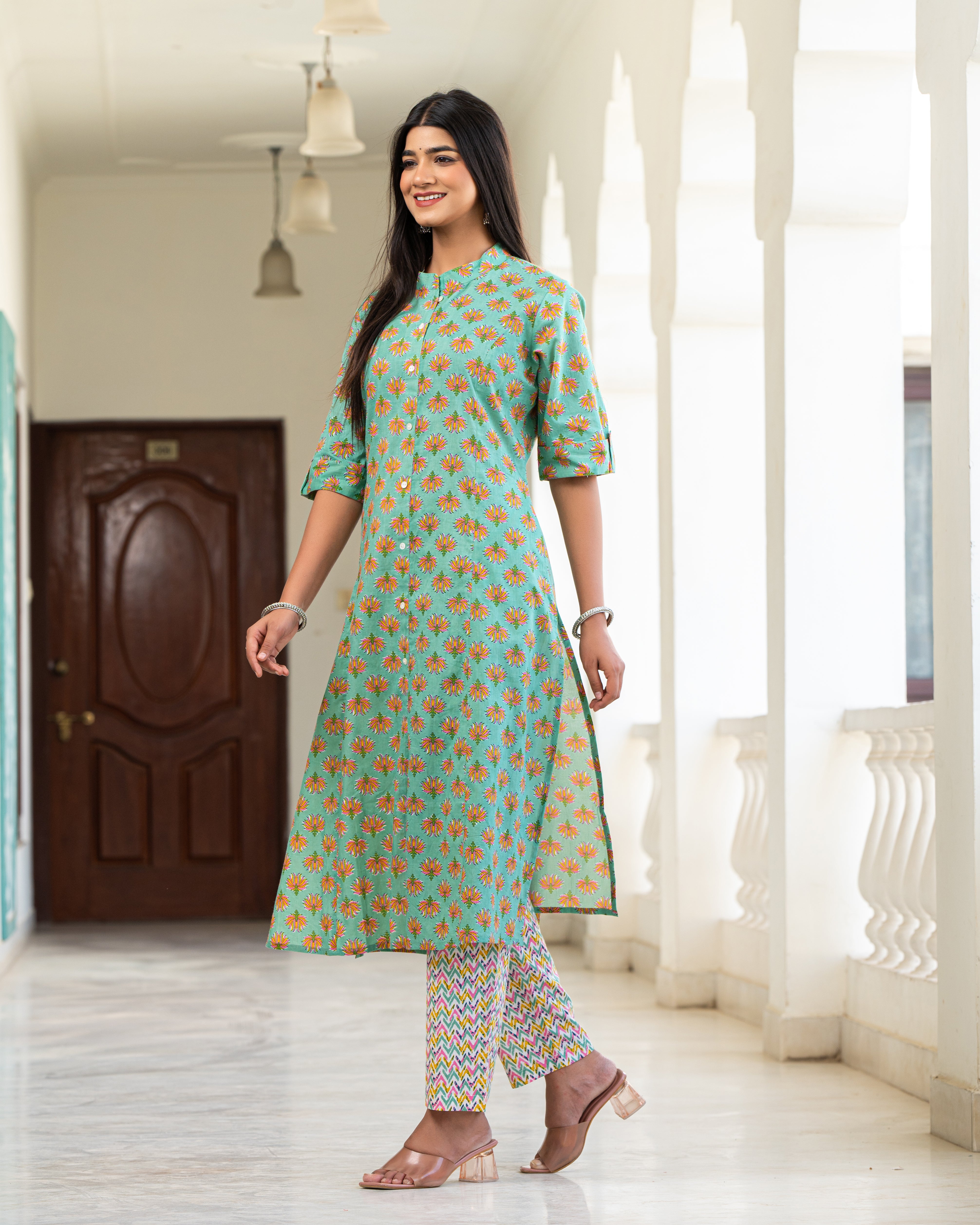 Cotton Celadon-Green  Floral Print Long Kurti