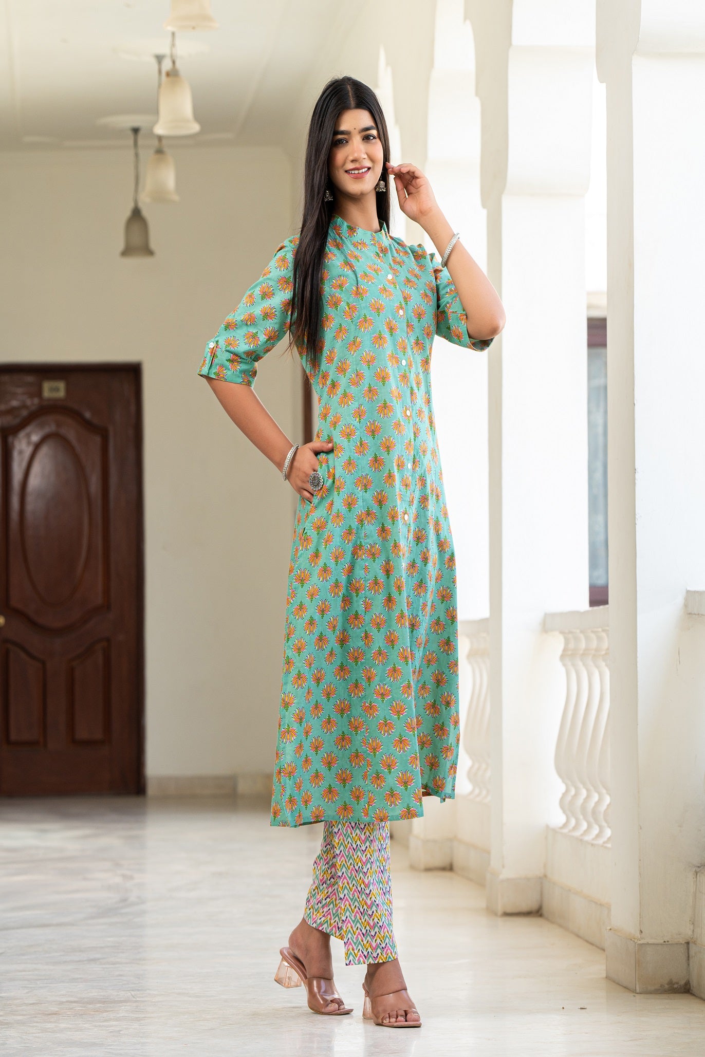 Cotton Celadon-Green  Floral Print Kurta With Multi Color Zigzag Line Trouser