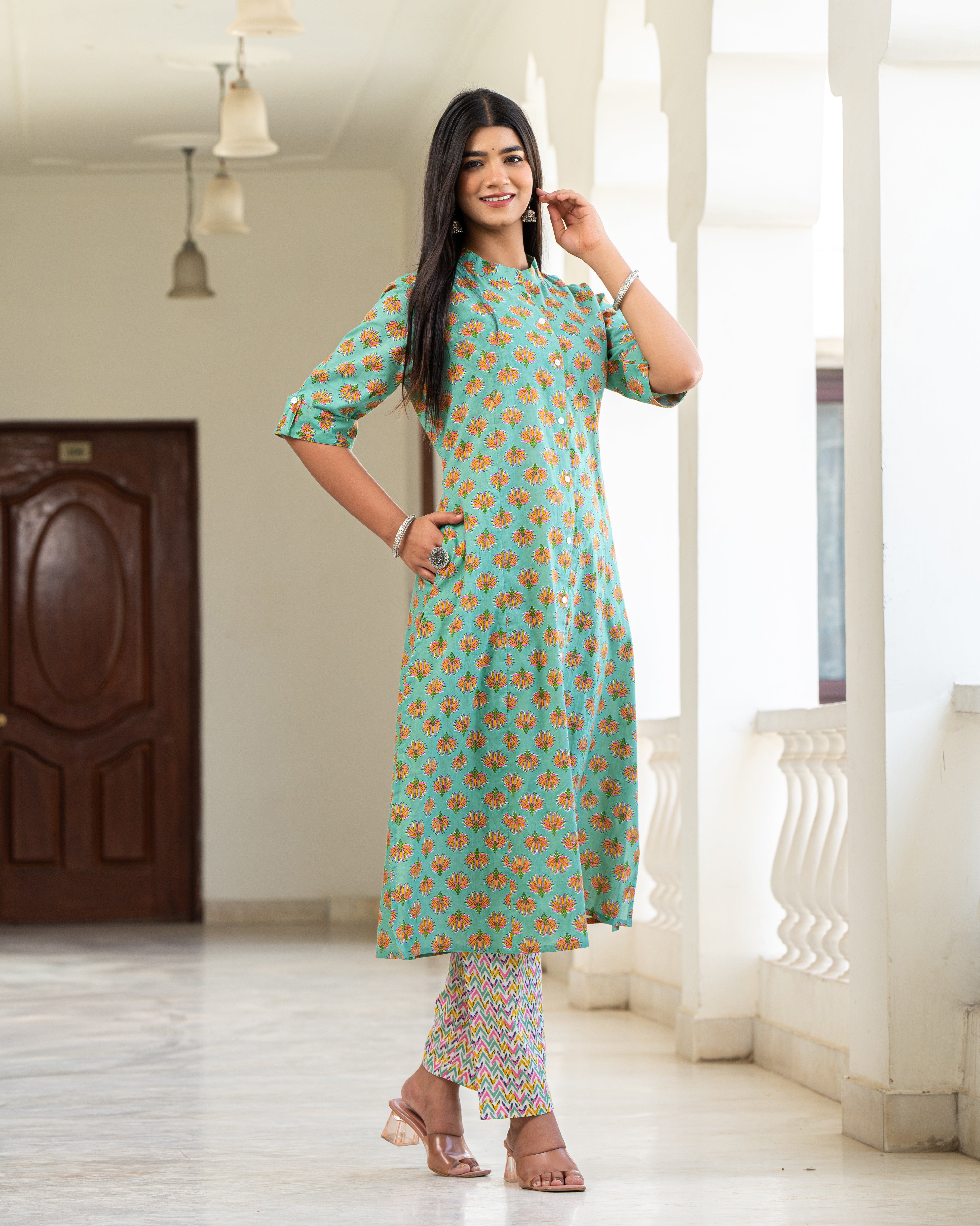 Cotton Celadon-Green  Floral Print Long Kurti