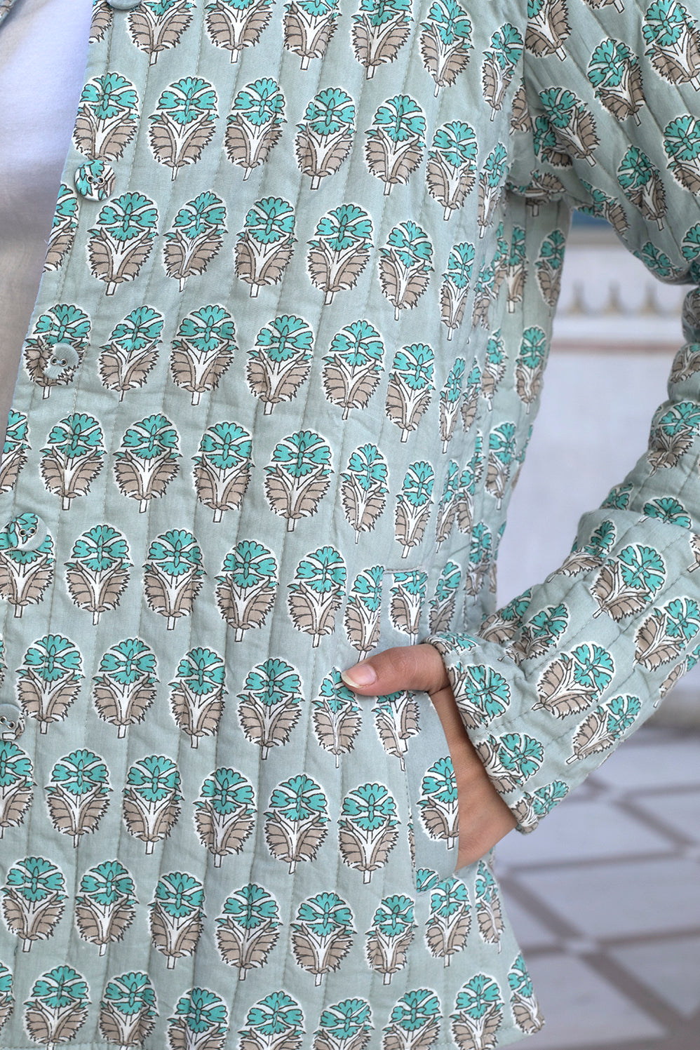 Cotton Quilted Reversible Full-Sleeve Jacket  - Sage green and Grey - Buti - Phool
