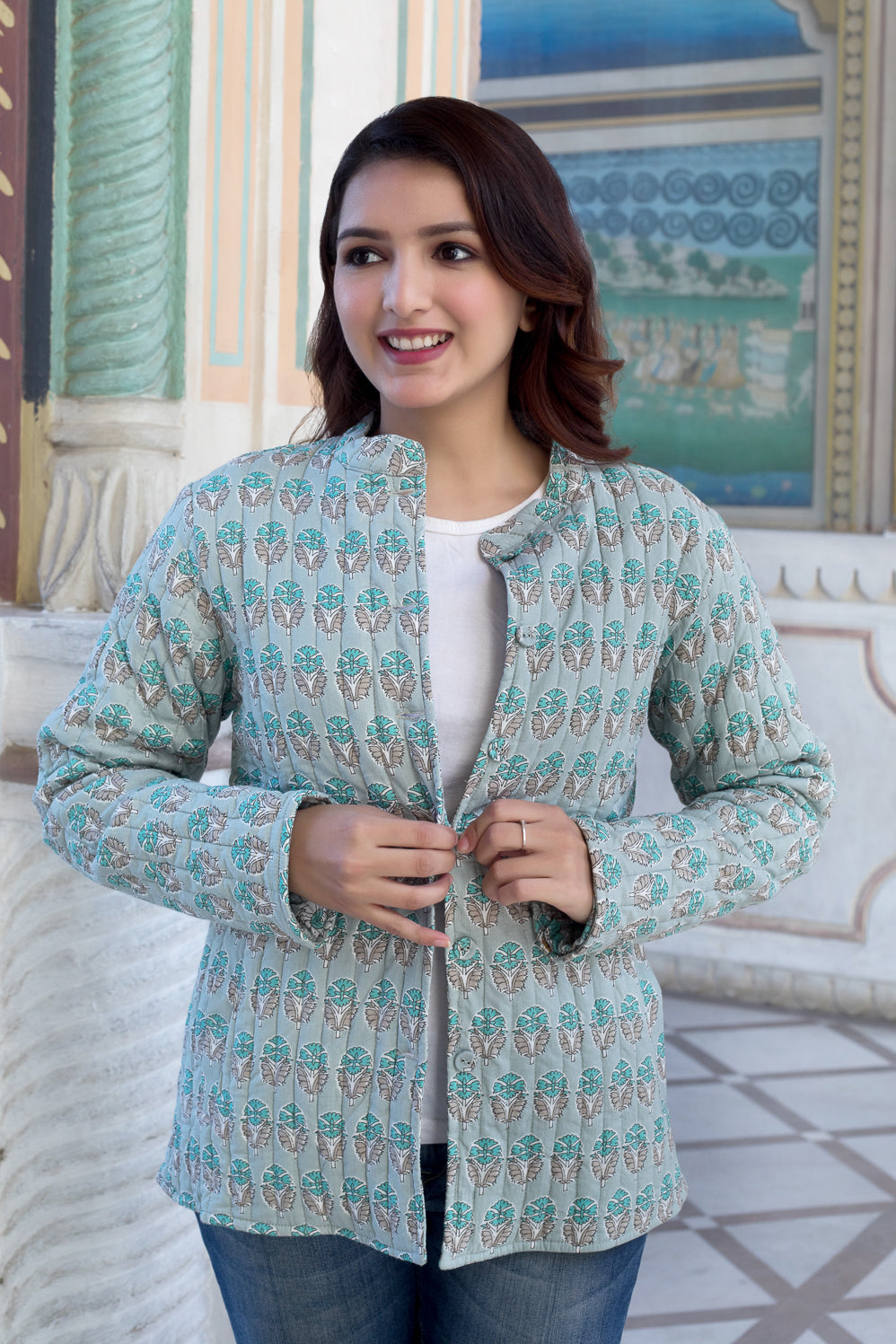 Cotton Quilted Reversible Full-Sleeve Jacket  - Sage green and Grey - Buti - Phool