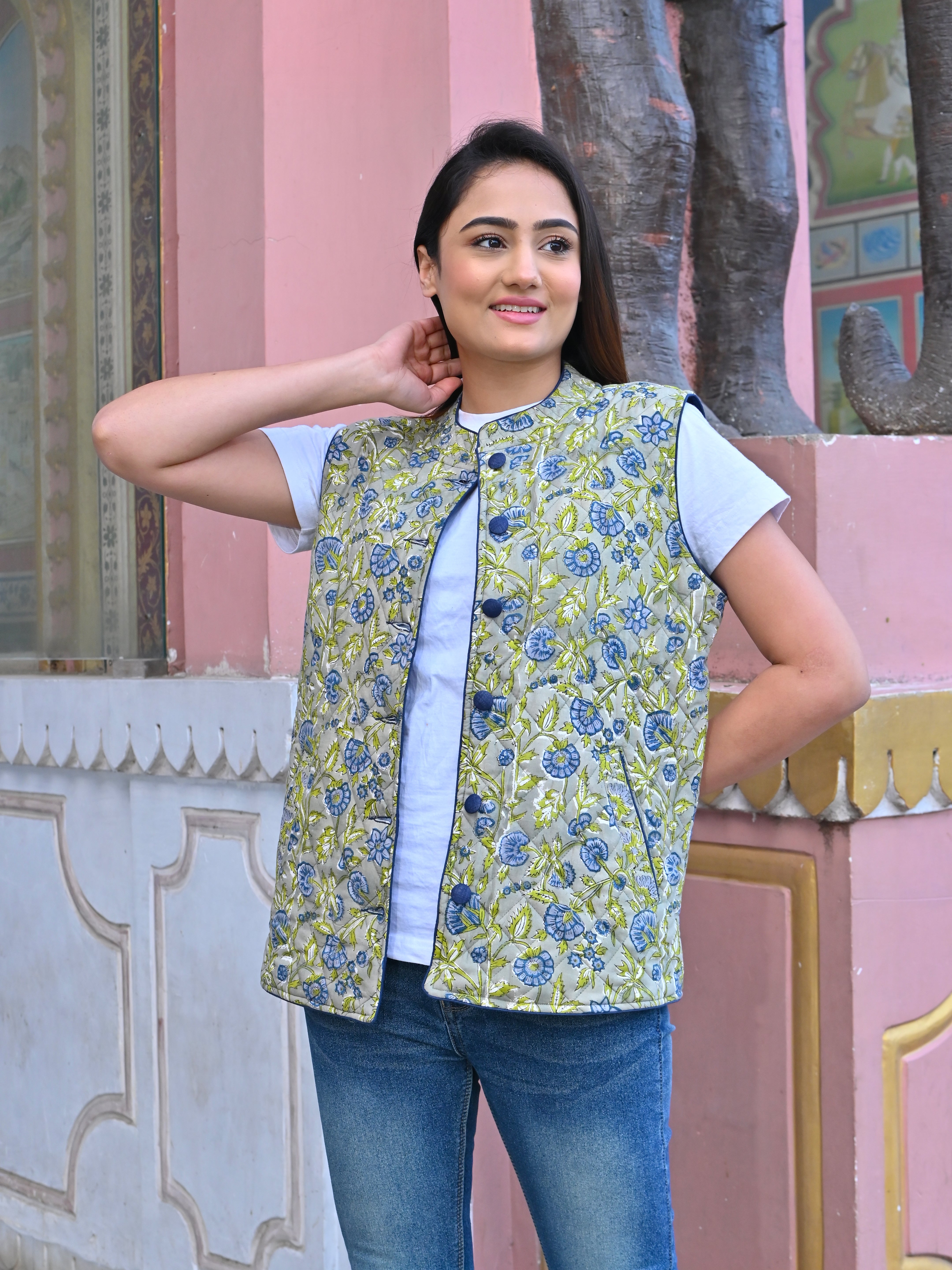 Cotton Quilted Sleeveless Jacket - Moss Green and Blue