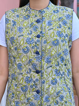 Cotton Quilted Sleeveless Jacket - Moss Green and Blue
