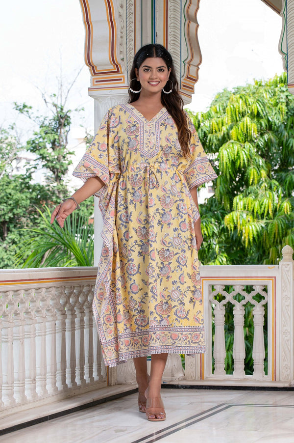 Yellow Mousse Hand Block Kaftan