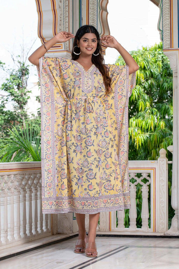 Yellow Mousse Hand Block Kaftan 1