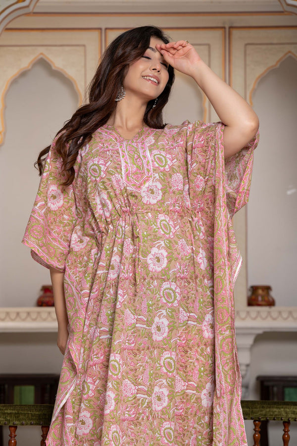 Pink Cosmos Hand Block Kaftan 1