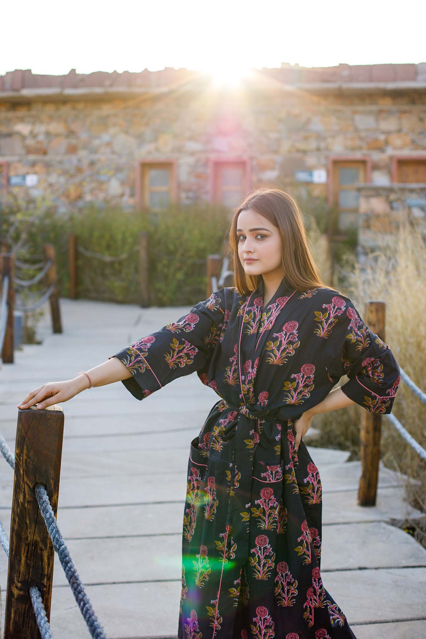 Royal Midnight Floral Hand Block Printed Cotton Kimono Lounge Robe