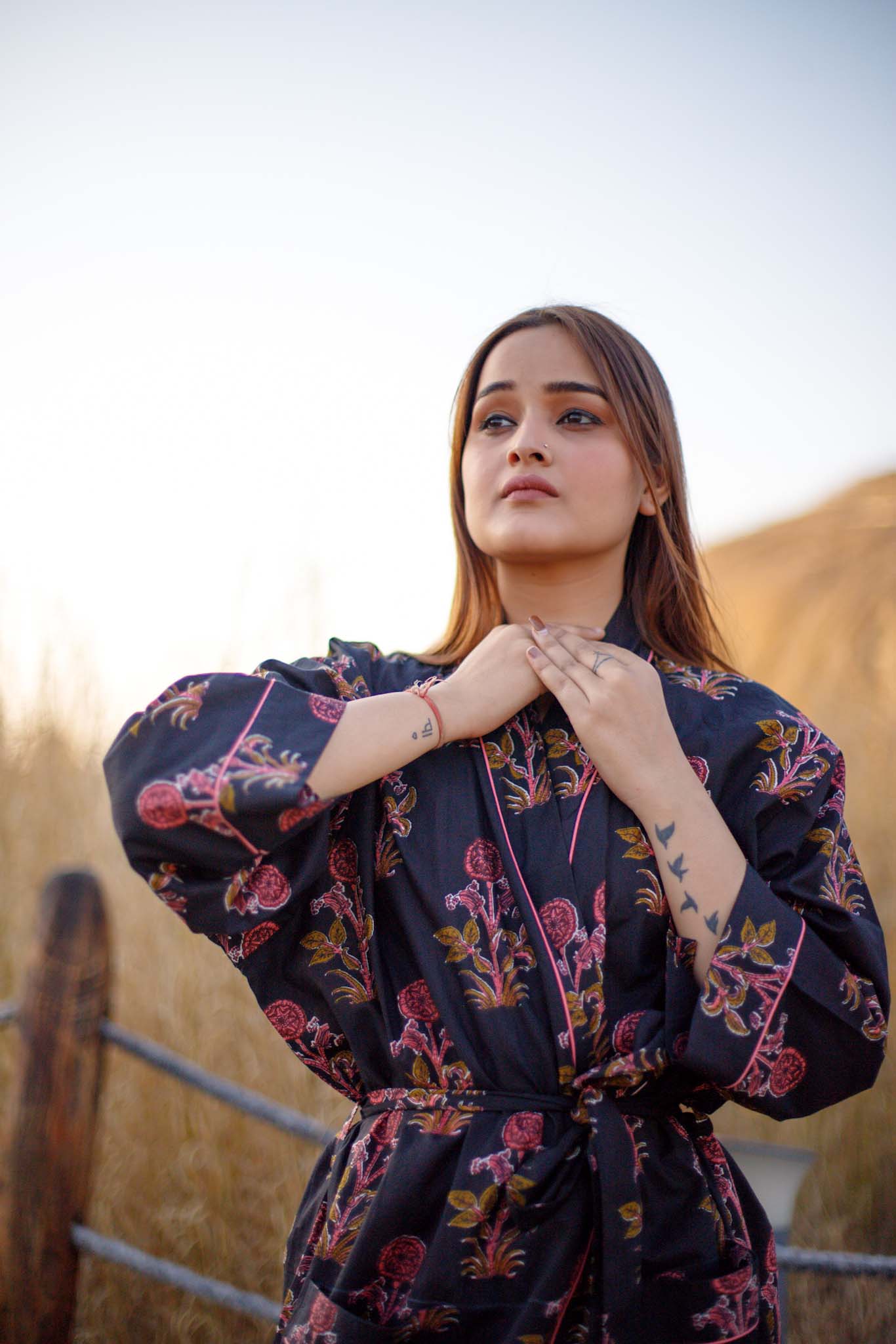 Royal Midnight Floral Hand Block Printed Cotton Kimono Lounge Robe